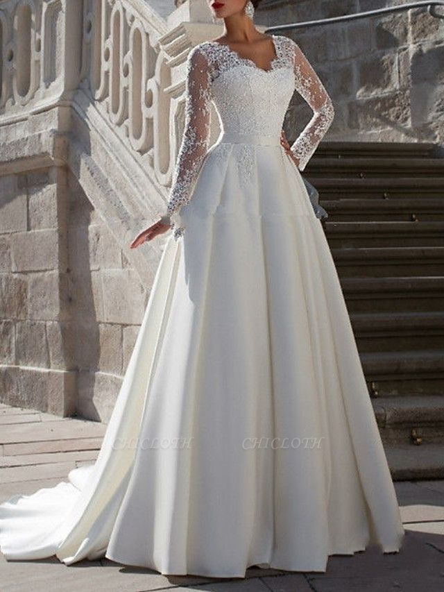 A-Line Wedding Dresses V Neck Sweep \ Brush Train Tulle Long Sleeve Formal Plus Size Illusion Sleeve