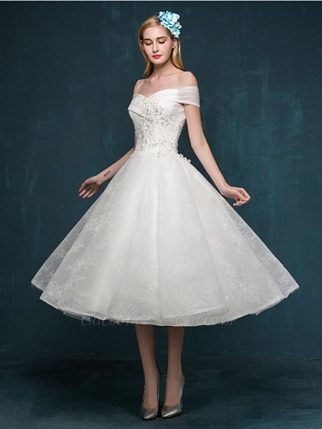 A-Line Wedding Dresses Off Shoulder Tea Length Beaded Lace Short Sleeve Casual Vintage Plus Size Cute