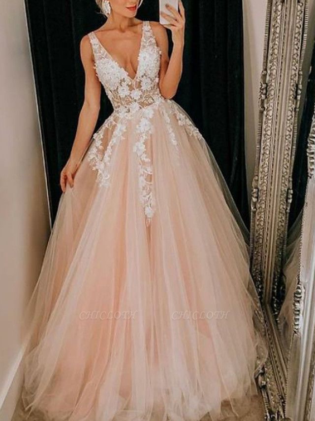 A-Line Wedding Dresses V Neck Floor Length Lace Tulle Regular Straps Boho Plus Size