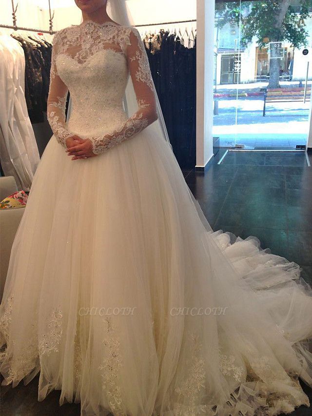 A-Line Wedding Dresses Jewel Neck Court Train Lace Tulle Long Sleeve Formal Sexy