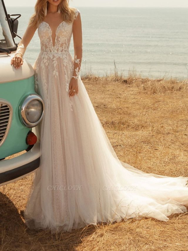 A-Line Wedding Dresses V Neck Sweep \ Brush Train Lace Tulle Jersey Long Sleeve Country Plus Size Illusion Sleeve