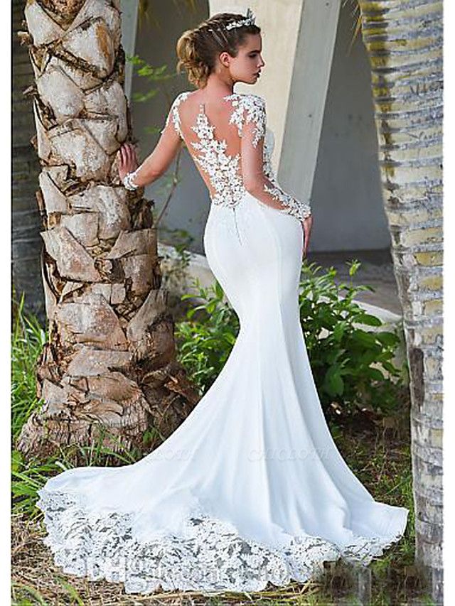 Mermaid \ Trumpet Wedding Dresses Jewel Neck Court Train Lace Long Sleeve Formal Casual Vintage Illusion Sleeve
