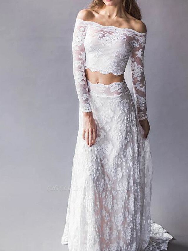 Two Piece Wedding Dresses Off Shoulder Sweep \ Brush Train Lace Long Sleeve Beach Boho Sexy See-Through