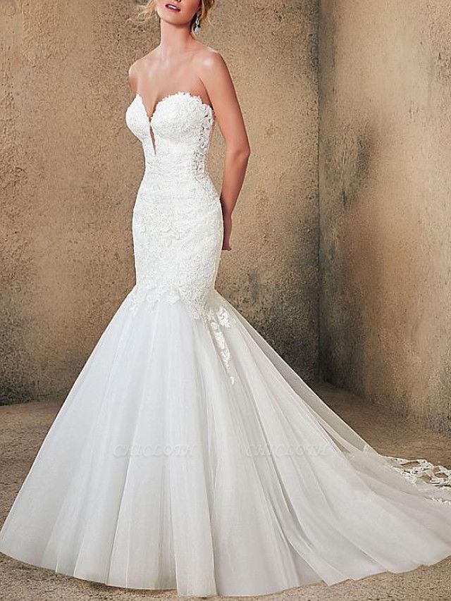 Mermaid \ Trumpet Strapless Sweep \ Brush Train Lace Tulle Sleeveless Formal Sexy Backless Wedding Dresses