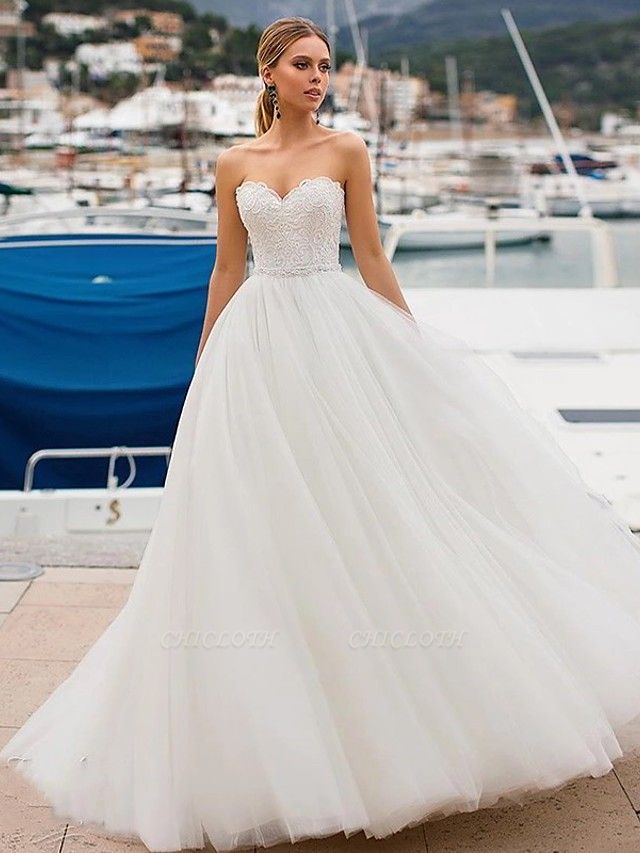 Ball Gown Wedding Dresses Strapless Sweep \ Brush Train Lace Tulle Strapless Sexy Plus Size