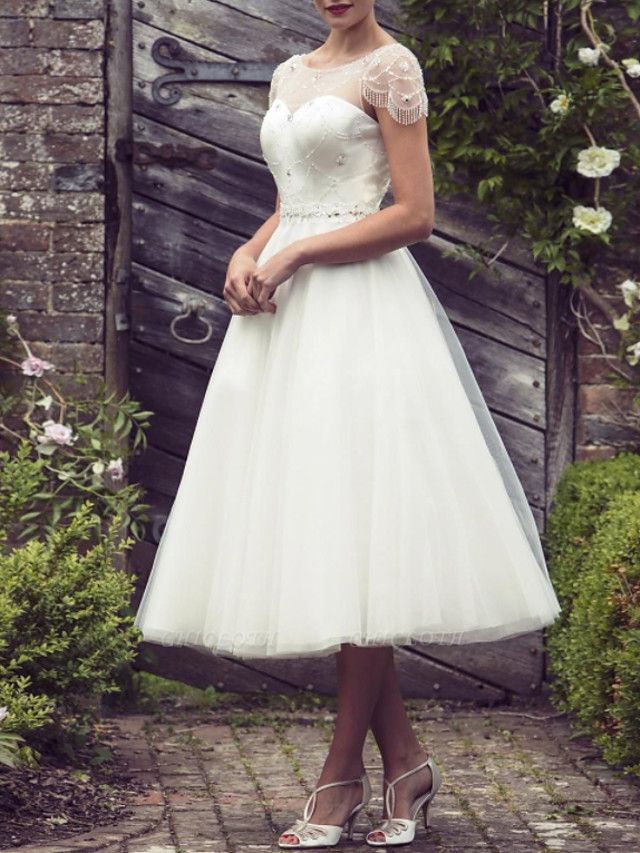A-Line Wedding Dresses Jewel Neck Tea Length Satin Tulle Short Sleeve Vintage Sexy Wedding Dress in Color See-Through