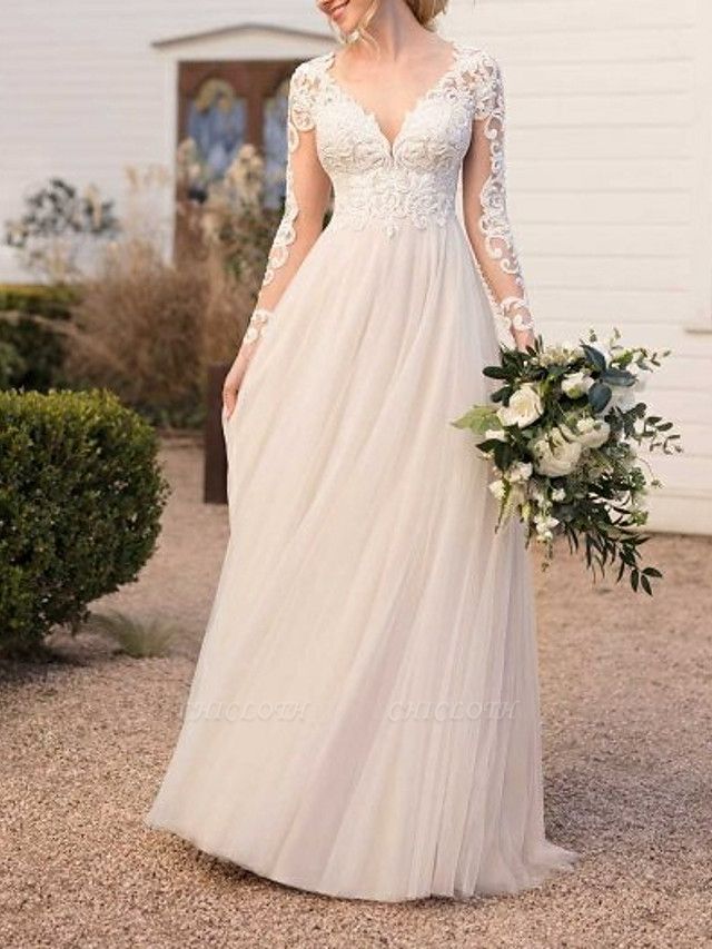 A-Line Wedding Dresses V Neck Floor Length Lace Tulle Long Sleeve Beach Boho See-Through Backless Illusion Sleeve