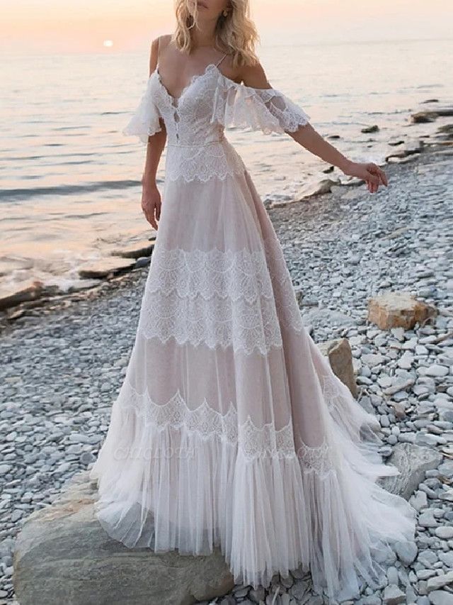 A-Line Wedding Dresses V Neck Spaghetti Strap Sweep \ Brush Train Lace Tulle Half Sleeve Beach Sexy Plus Size