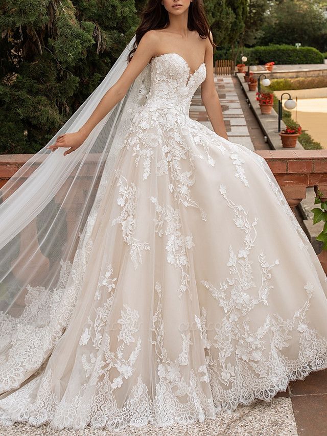 A-Line Sweetheart Neckline Sweep \ Brush Train Lace Strapless Romantic Illusion Detail Wedding Dresses