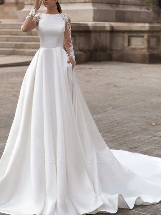 A-Line Wedding Dresses Jewel Neck Sweep \ Brush Train Lace Satin Long Sleeve Simple Sexy See-Through