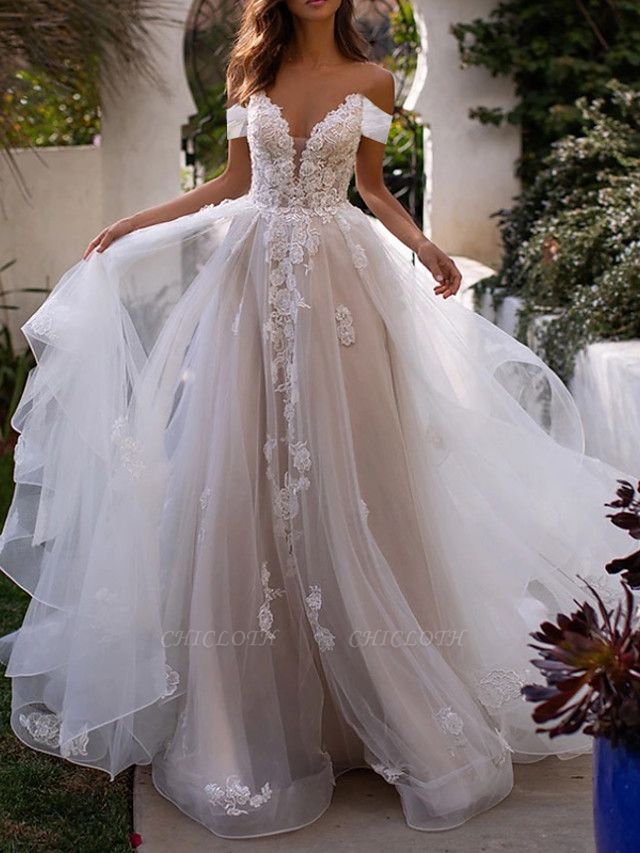 A-Line Wedding Dresses Off Shoulder Sweep \ Brush Train Lace Tulle Sleeveless Country Plus Size