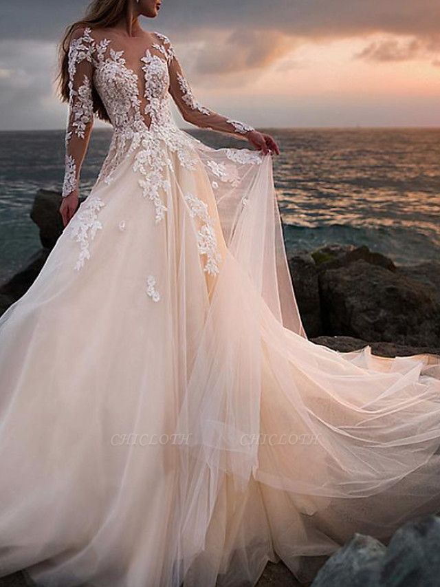 A-Line Wedding Dresses Jewel Neck Court Train Lace Tulle Long Sleeve Beach Sexy See-Through