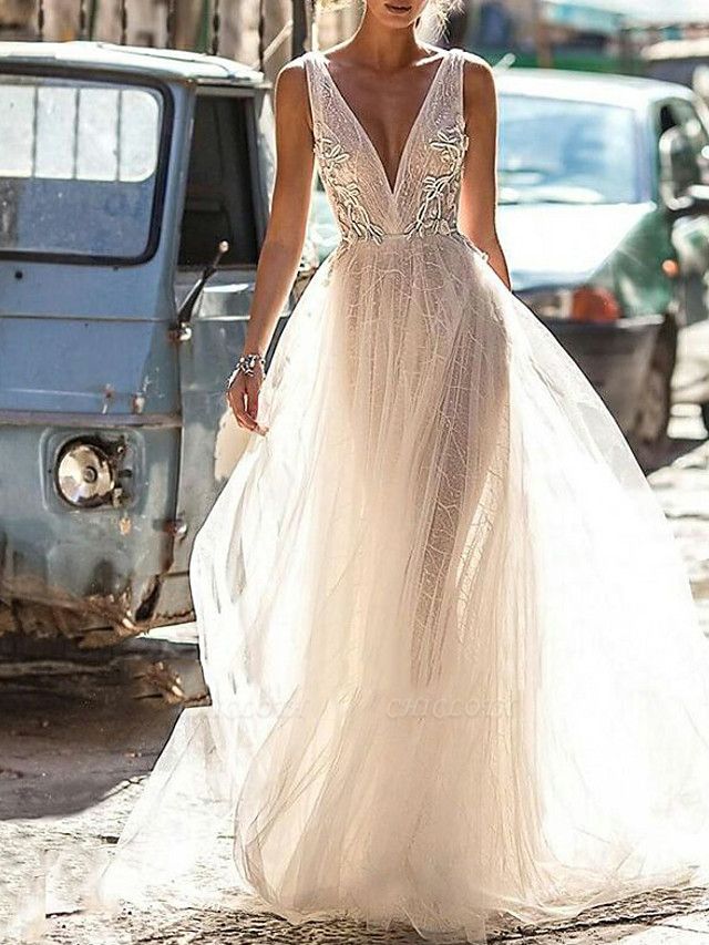 A-Line Wedding Dresses V Neck Floor Length Tulle Regular Straps Boho Illusion Detail Plus Size Backless