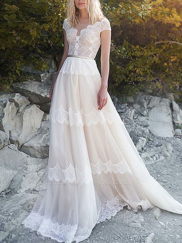 A-Line Wedding Dresses V Neck Sweep \ Brush Train Tulle Cap Sleeve Illusion Detail Backless