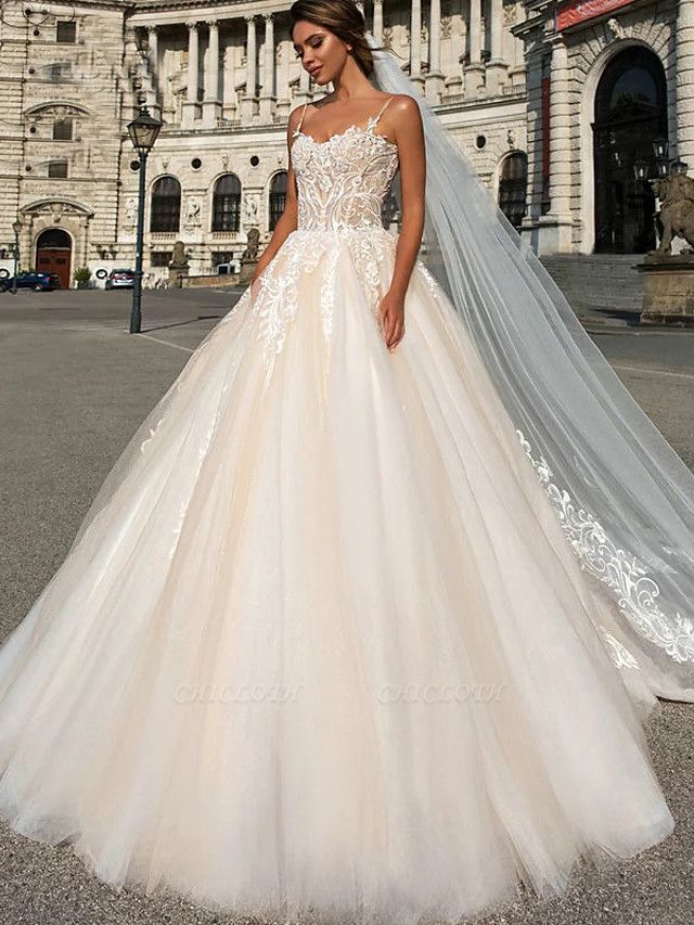 Ball Gown Sweetheart Neckline Chapel Train Lace Tulle Spaghetti Strap Wedding Dresses