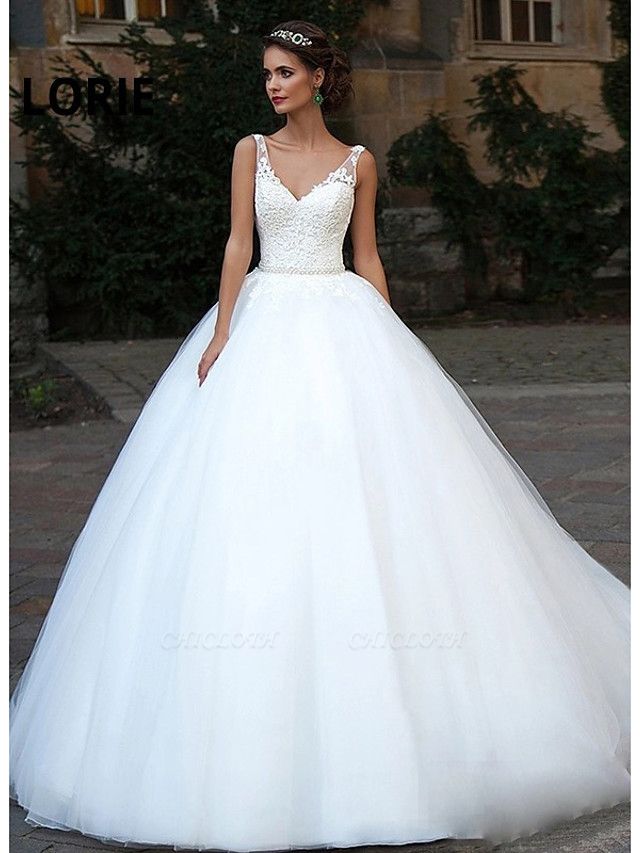 Ball Gown Wedding Dresses V Neck Court Train Lace Tulle Spaghetti Strap Country Illusion Detail Backless