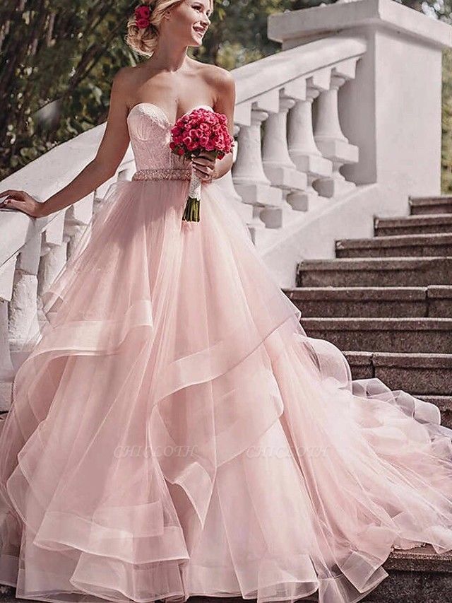 Ball Gown Wedding Dresses Strapless Court Train Lace Tulle Strapless Sexy Wedding Dress in Color Plus Size