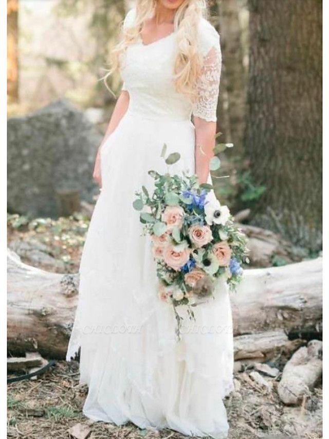 A-Line Wedding Dresses V Neck Floor Length Lace Tulle Half Sleeve Country Illusion Sleeve