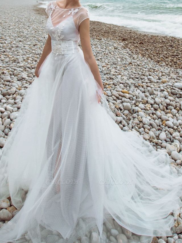 Two Piece A-Line Wedding Dresses Jewel Neck Sweep \ Brush Train Tulle Chiffon Over Satin Short Sleeve Country Plus Size