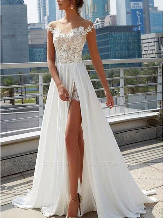 A-Line Wedding Dresses Off Shoulder Sweep \ Brush Train Lace Satin Cap Sleeve Formal Boho Plus Size