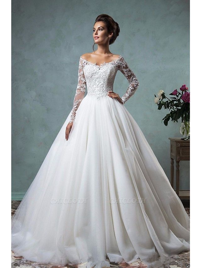 A-Line Wedding Dresses Off Shoulder Court Train Lace Tulle Long Sleeve Formal See-Through