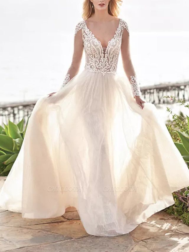 A-Line Wedding Dresses V Neck Sweep \ Brush Train Tulle Polyester Long Sleeve Country Beach Plus Size Illusion Sleeve