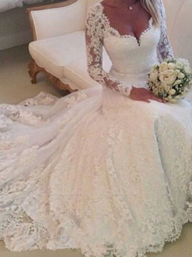 A-Line Wedding Dresses V Neck Chapel Train Lace Tulle Long Sleeve Country
