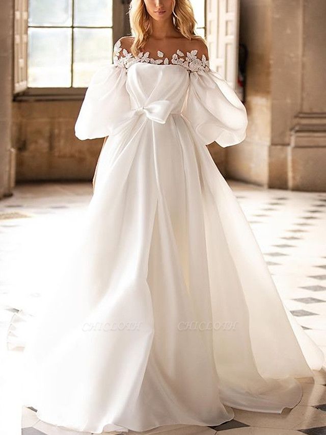 A-Line Wedding Dresses Off Shoulder Sweep \ Brush Train Satin Half Sleeve Country Plus Size