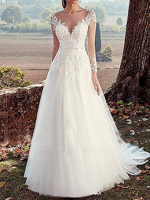 A-Line Wedding Dresses Bateau Neck Sweep \ Brush Train Tulle Long Sleeve Formal Illusion Sleeve