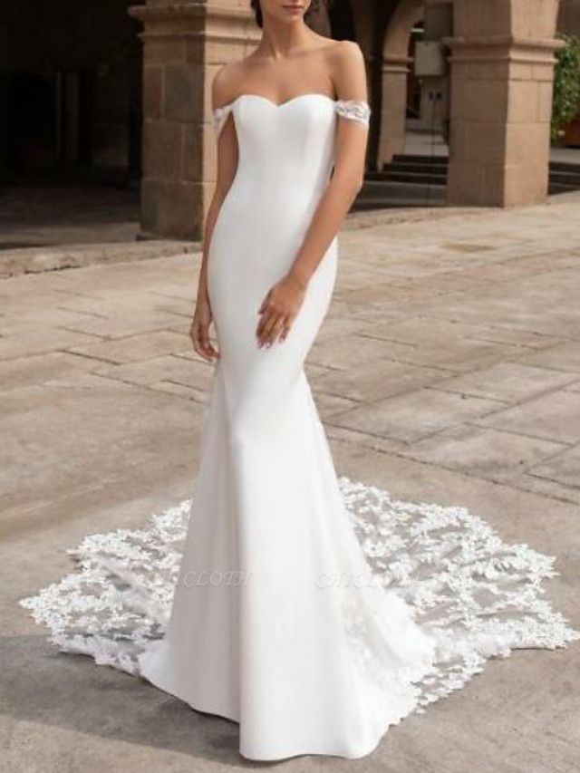 Mermaid \ Trumpet Wedding Dresses Off Shoulder Court Train Lace Cap Sleeve Plus Size
