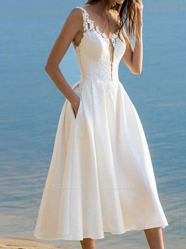 A-Line Wedding Dresses V Neck Ankle Length Lace Satin Sleeveless Vintage 1950s