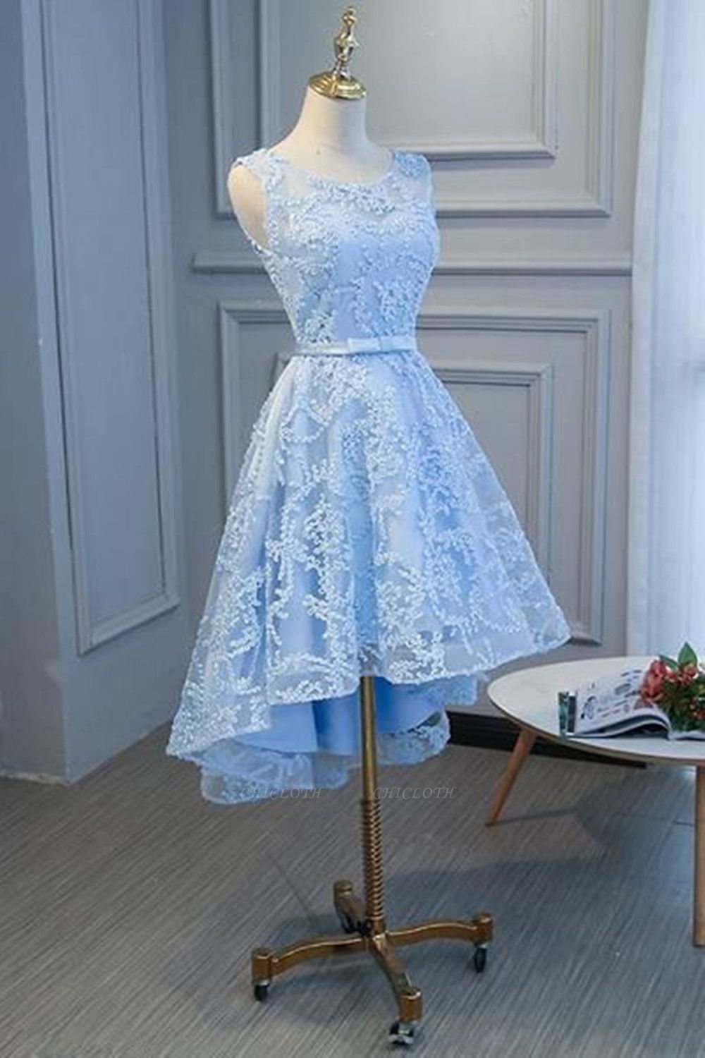 Nectarean Sky Blue Asymmetrical Ball Gown Appliques Lace Prom Dresses
