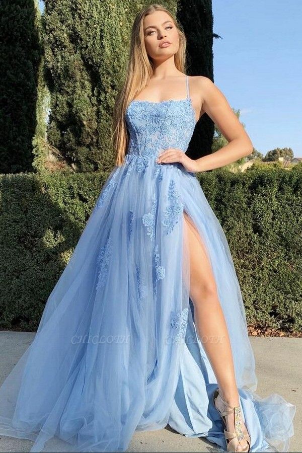ZY216 Blue Evening Dresses With Lace Evening Wear