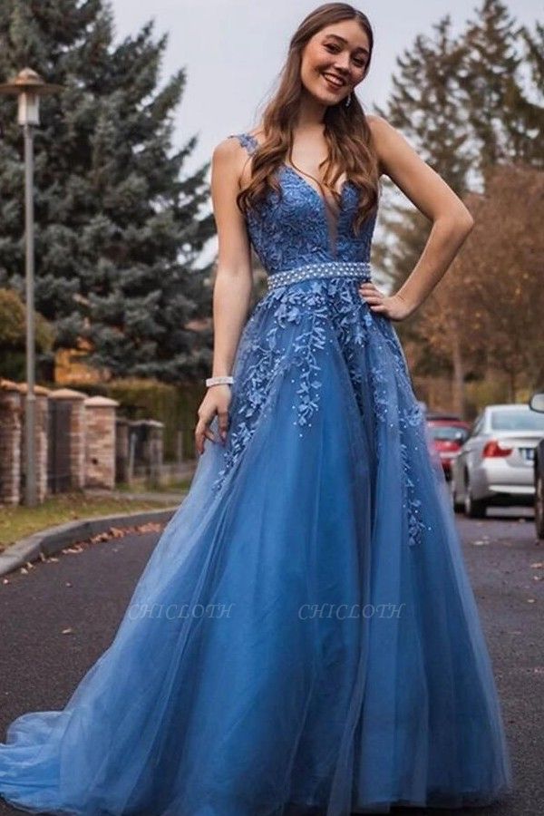 ZY223 Beautiful Evening Dresses With Lace Blue Prom Dress V Neckline