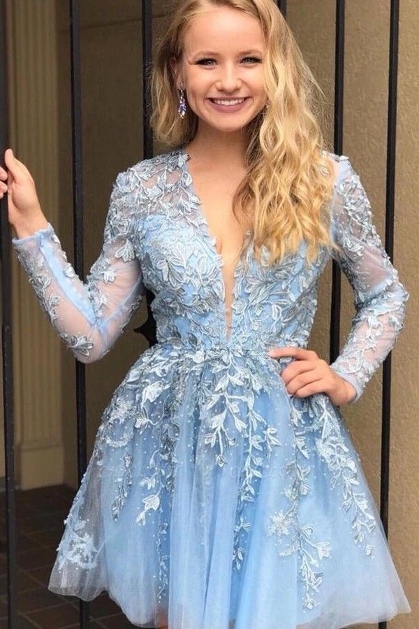 ZY218 Designer Cocktail Dresses Short Blue Evening Dresses Lace With Sleeves
