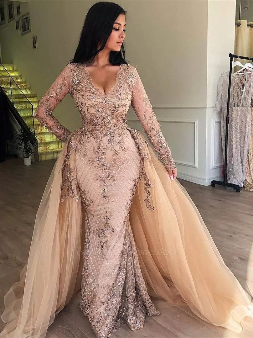 Cheap Champagne Long Sleeve  A Line Lace Prom Dresses