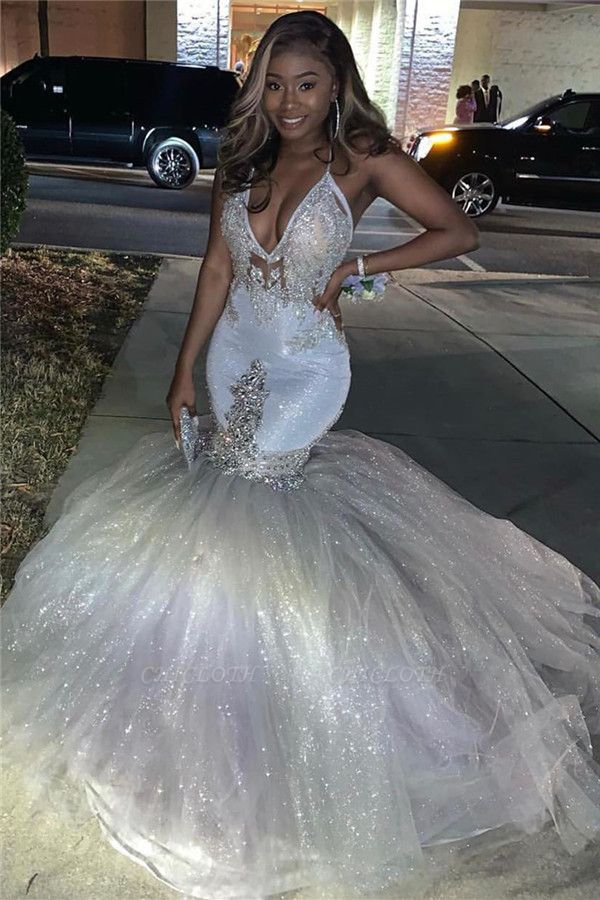 Sparkly White Späghetti Straps Meramid Long Prom Dresses With Lace