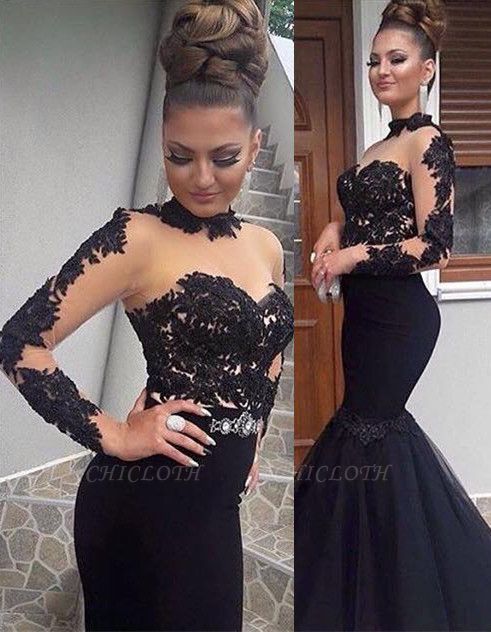 Mermaid Black Lace Long Sleeve Long Prom Dress BA8045