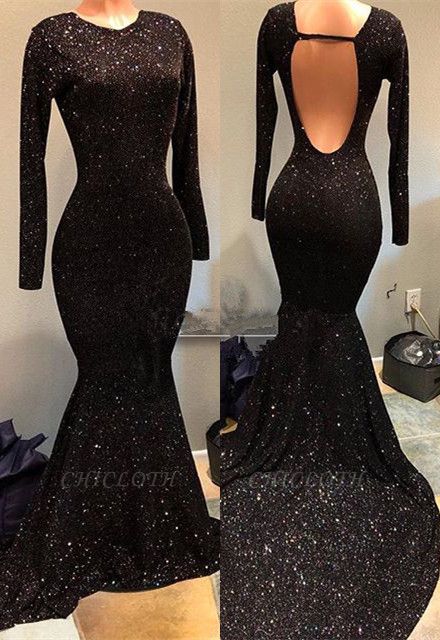 Black Sequins Long Sleeves Prom Dress BA9023