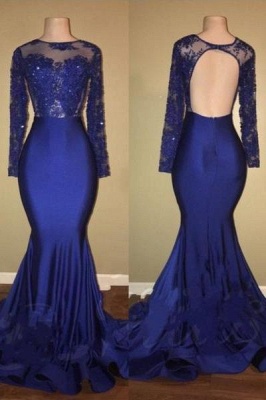 Chicloth Royal-Blue Mermaid Long-Sleeves Beaded Ruffles-Skirt Prom Dresses_1