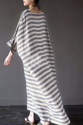 A Chicloth New Fashion Women Casual Loose Dress Striped Cotton Long Dress_2