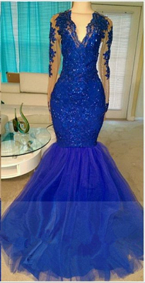 A| Chicloth Royal-Blue Long-Sleeve Beading Sequins V-neck Appliques Mermaid Tulle Prom Dresses_2