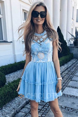 A-Line Jewel Short Blue Tulle Homecoming Party Dress with Lace_3