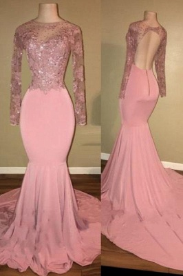 Chicloth Pink Long-Sleeves Backless Beaded Mermaid Shiny Prom Dresses_1