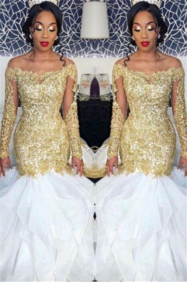 Chicloth Long Sleeve Gold Lace Appliques 2019 Prom Dress | Sexy Ruffles Mermaid Evening Gown Cheap FB0328_1