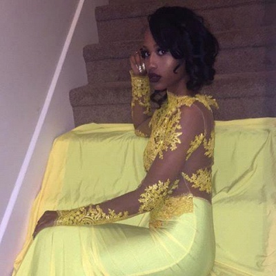 Chicloth Beautiful High-Neck Yellow Long-Sleeve Lace Appliques Mermaid Prom Dress_2