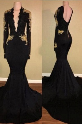Chicloth Sexy Black and Gold Prom Dresses | Deep V-Neck Long Sleeves Evening Gowns_1