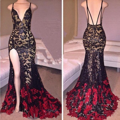 Chicloth Black Red Lace Spaghettis-Straps Side-Slit Mermaid Prom Dresses_3