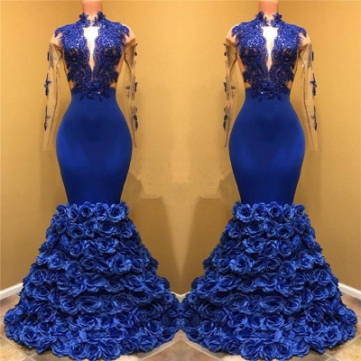 A| Chicloth Gorgeous Royal Blue Prom Dresses | Long Sleeves Evening Gowns with Rose Flowers_3