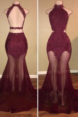 A| Chicloth SALLIE | Mermaid High-Neck Burgundy Sheer-Tulle Lace Appliques Prom Dresses_1